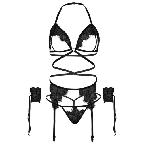 4 Tlg. Set BH G-String, Strumpfgürtel & Handarmbänder OneSize Schwarz | Leg Avenue