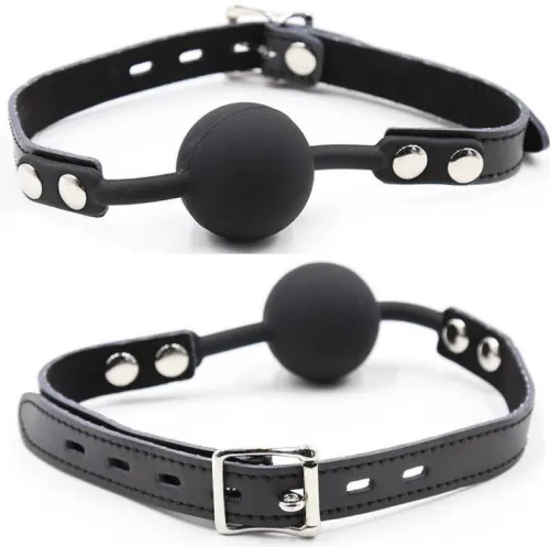 Black ball gag with adjustable leather strap and metal buckle, on a white background.