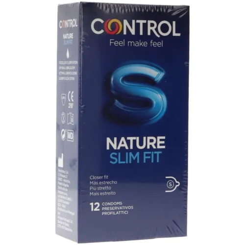 Blue packaging of Control Nature Slim Fit condoms, 12 pieces, with the slogan "Feel make feel".