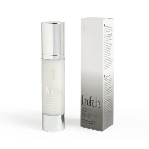 Flasche und Verpackung der Profade Pro-Moisture Cream mit silbernem Deckel und Text in mehreren Sprachen.