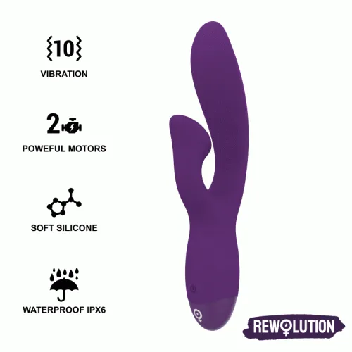 Lila Vibrator mit 10 Vibrationsmodi, 2 Motoren, weichem Silikon, wasserdicht IPX6, Marke Rewolution.
