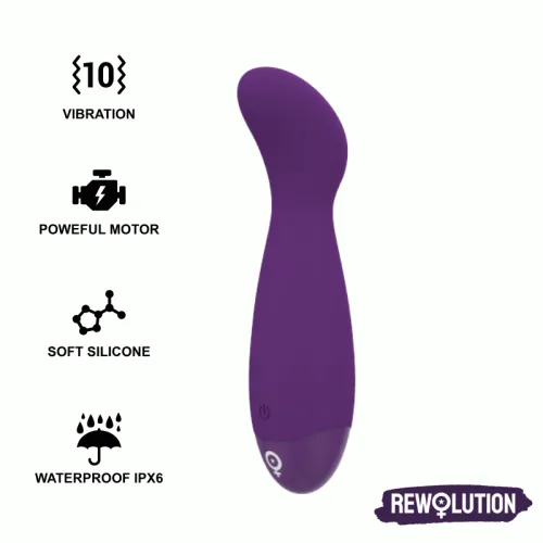 Lila Vibrator mit 10 Vibrationsmodi, starkem Motor, weichem Silikon, wasserdicht IPX6, RewolutioN-Logo.