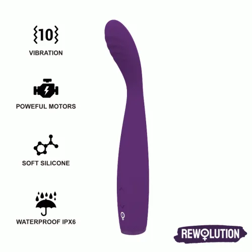 Purple vibrator with 10 vibration modes, powerful motor, soft silicone, waterproof IPX6, brand Rewoultion.