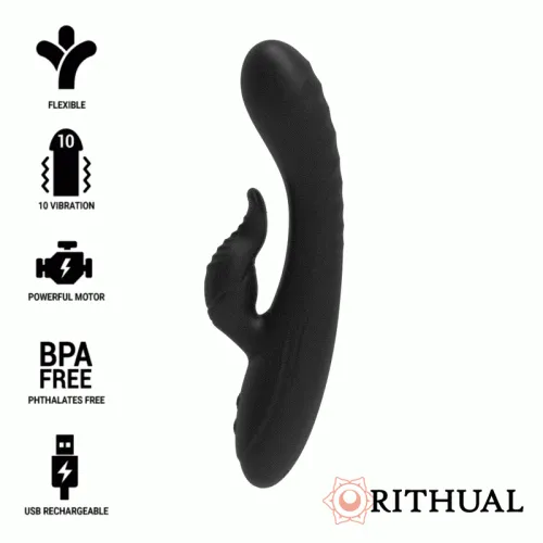 Black vibrator with 10 vibration modes, flexible design, powerful motor, BPA-free, USB rechargeable.