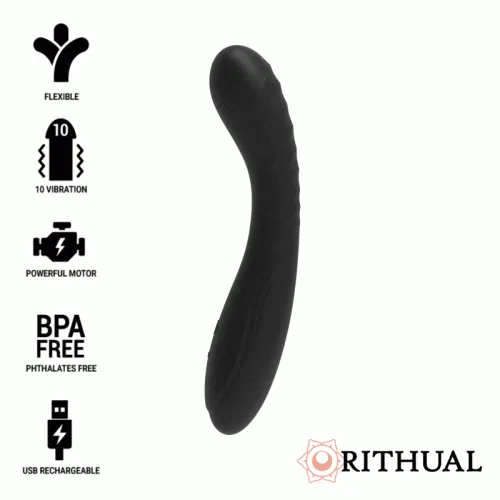 Black, flexible vibrator with 10 vibration modes, powerful motor, BPA-free, USB rechargeable.