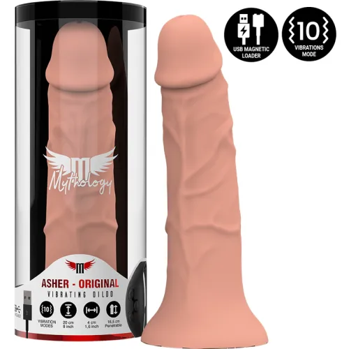 Vibrating dildo "Asher - Original" in packaging, USB charging cable, 10 vibration modes, 20 cm length, 4 cm diameter.