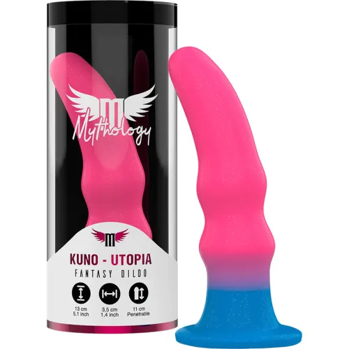 Verpackung und pink-blauer Fantasy-Dildo "Kuno - Utopia" von Mythology, 13 cm lang, 3,5 cm Durchmesser.