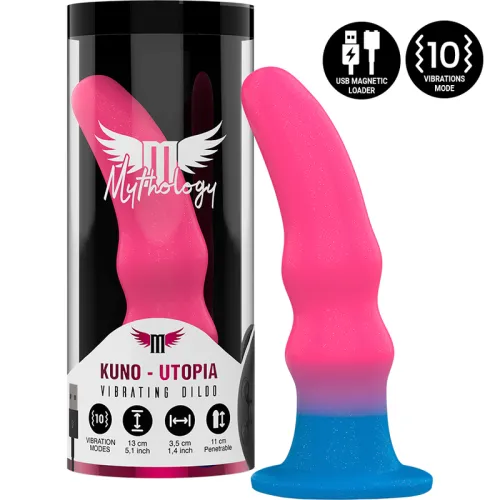 Vibrating dildo "Kuno - Utopia" in pink and blue, with 10 vibration modes and USB charging function.