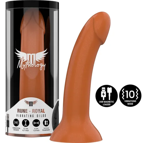 Brauner Vibrator "Rune Royal" mit Verpackung, USB-Ladefunktion und 10 Vibrationsmodi.
