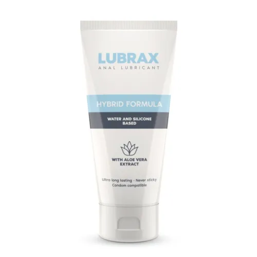 Tube containing Lubrax anal lubricant, hybrid formula, water and silicone based, Aloe Vera, condom compatible.