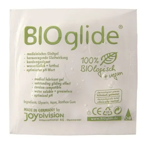Verpackung von BIOglide Gleitgel, 100% biologisch und vegan, medizinisch, kondomgeeignet, wasserlöslich, pH-optimiert.