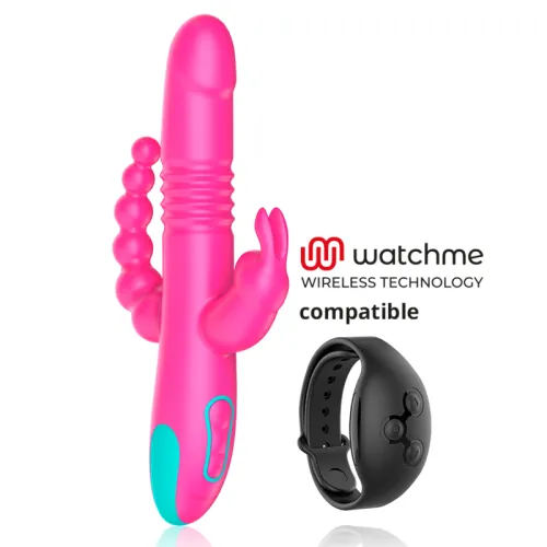 Pink vibrator toy with black wristband, compatible with Watchme Wireless Technology.