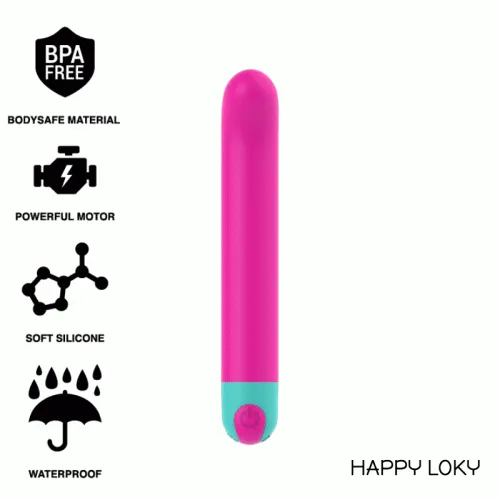 Pink, cylindrical device with blue accents, BPA-free, powerful motor, soft silicone, waterproof.