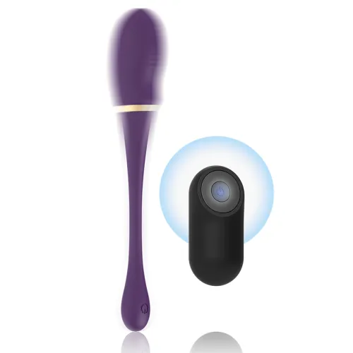 Lila Vibrator mit Fernbedienung, schwarzer Knopf mit blauem Licht, auf weißem Hintergrund.