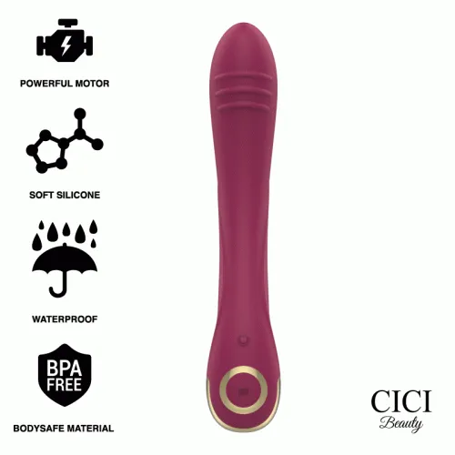 Red vibrator with a powerful motor, soft silicone, waterproof, BPA-free. CICI Beauty logo in the bottom right corner.