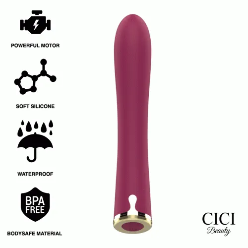 Red vibrator with a powerful motor, soft silicone, waterproof, BPA-free. CICI Beauty logo in the bottom right corner.