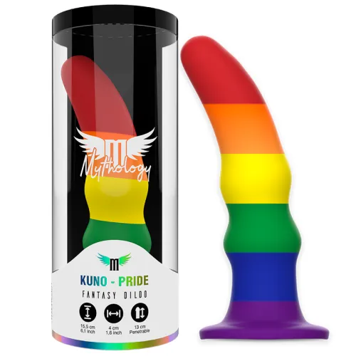 A colorful dildo in rainbow colors next to transparent packaging with the "Mythology" logo and product information.