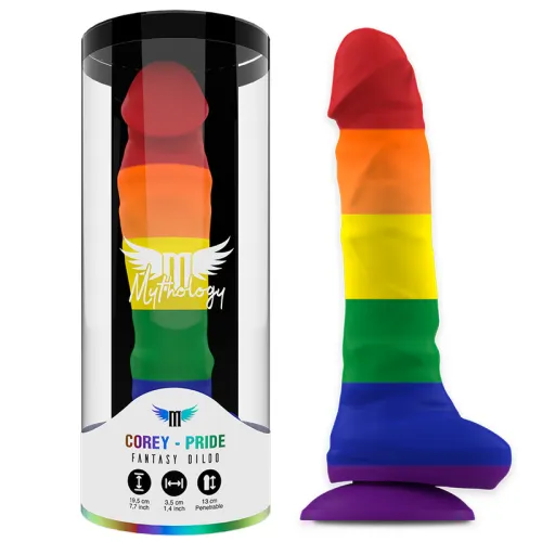 Regenbogenfarbener Dildo in Verpackung, mit Saugnapf, 19,5 cm lang, 3,5 cm Durchmesser, 13 cm einführbar.