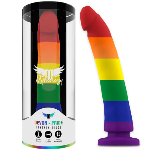 Regenbogenfarbener Dildo in Verpackung, mit der Aufschrift "Devon - Pride Fantasy Dildo" und Größenangaben.