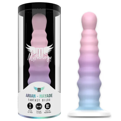 Packaging and pastel-colored dildo with a wave-shaped design, brand "Mythology", model "Arian-Nayade".