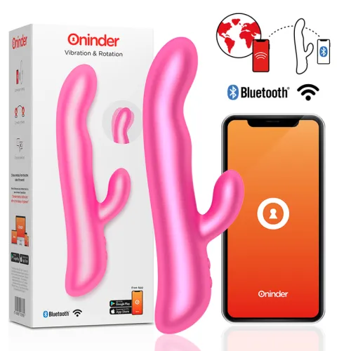 Pink vibrating device with packaging and smartphone app, Bluetooth-enabled, for remote control worldwide.