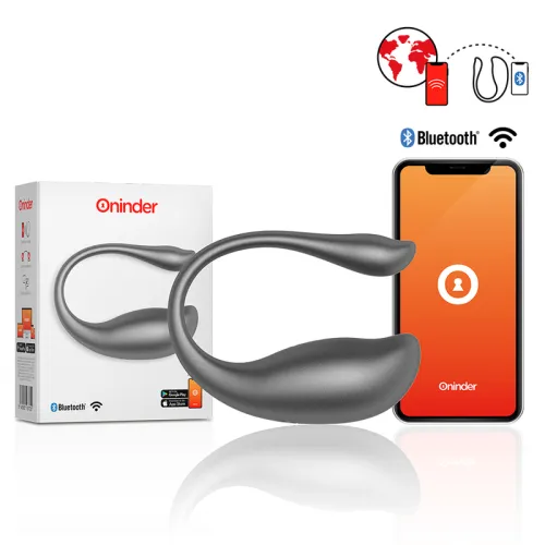 Graues Oninder-Gerät mit Verpackung und Smartphone-App, Bluetooth-kompatibel.