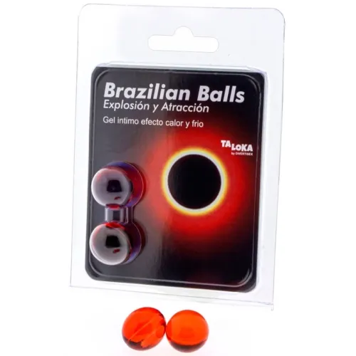 Verpackung von Brazilian Balls mit zwei roten Kugeln, Text: "Explosión y Atracción, Gel íntimo efecto calor y frío".