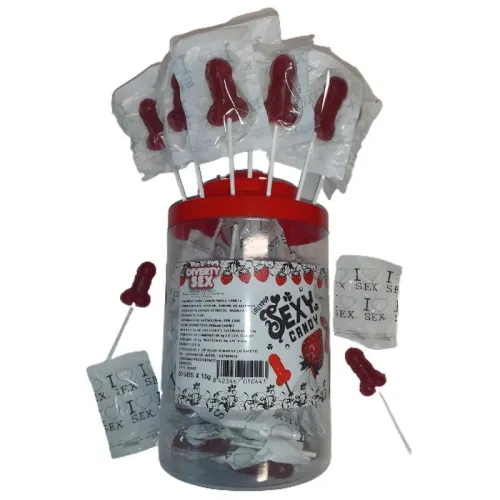Red lollipops in the shape of a penis in a transparent container with the inscription "I Love Sex".