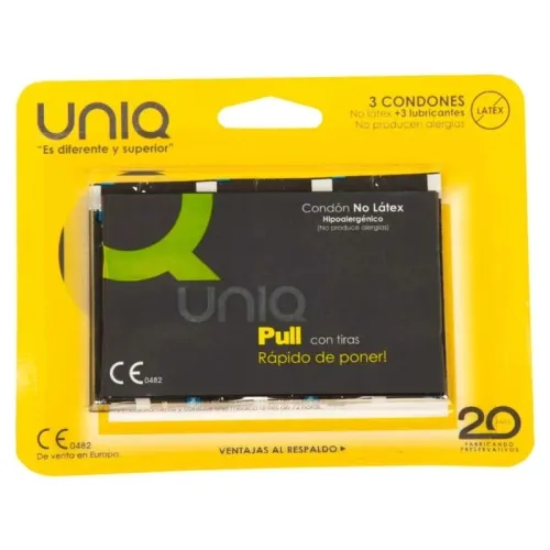 Verpackung von UNIQ Kondomen, hypoallergen, latexfrei, mit drei Kondomen und drei Gleitmitteln, gelber Hintergrund.