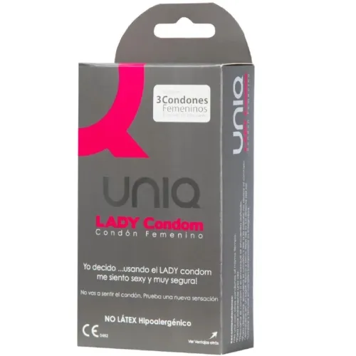 Verpackung von UNIQ Lady Kondomen, 3 Stück, latexfrei, hypoallergen, in grauer Schachtel mit pinkem Logo.