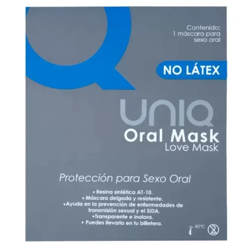 Packaging of a latex-free Uniq Oral Mask for protection during oral sex, made of synthetic, transparent and odorless AT-10 resin.