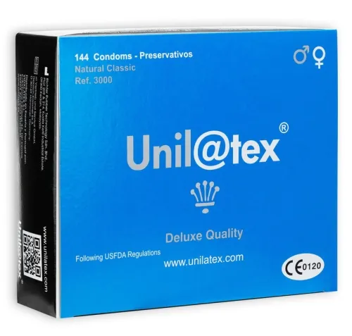 Blue packaging of Unilatex condoms, 144 pieces, Natural Classic, Deluxe Quality, CE certified.
