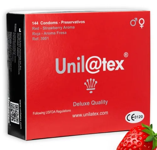 Rote Verpackung von Unilatex Kondomen mit Erdbeeraroma, 144 Stück, Deluxe Qualität, CE-Zertifizierung.