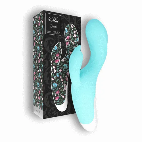 Blauer Rabbit-Vibrator vor einer dekorativen Verpackung mit Blumenmuster.