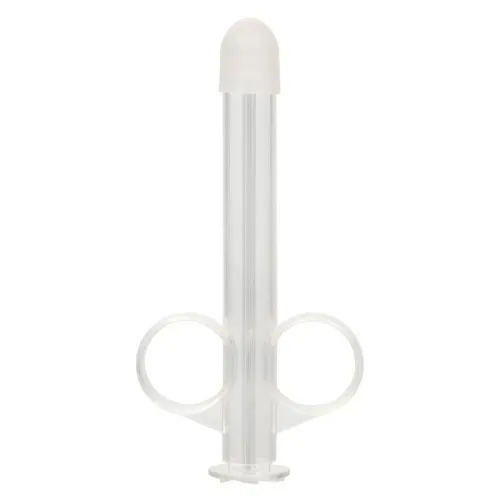 Transparent syringe with two handles and white cap, standing upright.