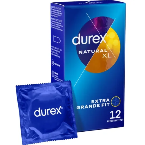 Durex Natural XL condom pack containing 12 pieces, blue design, extra large fit.