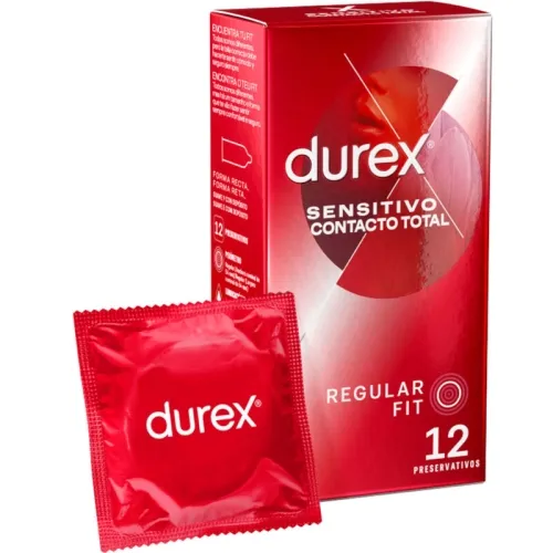 Red Durex packaging containing 12 condoms, with "Sensitivo Contacto Total" and "Regular Fit" printed on the front.