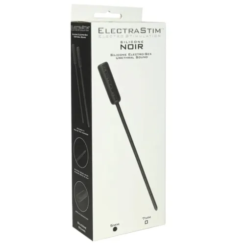 Packaging of an electrostimulation device called ElectraStim Silicone Noir for urethral stimulation.