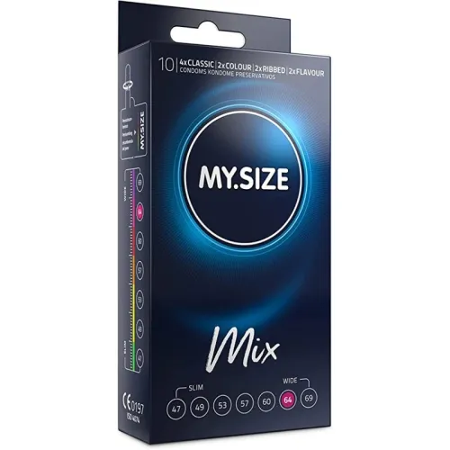 Verpackung von MY.SIZE Mix Kondomen, 10 Stück, verschiedene Größen und Typen, dunkelblaues Design.