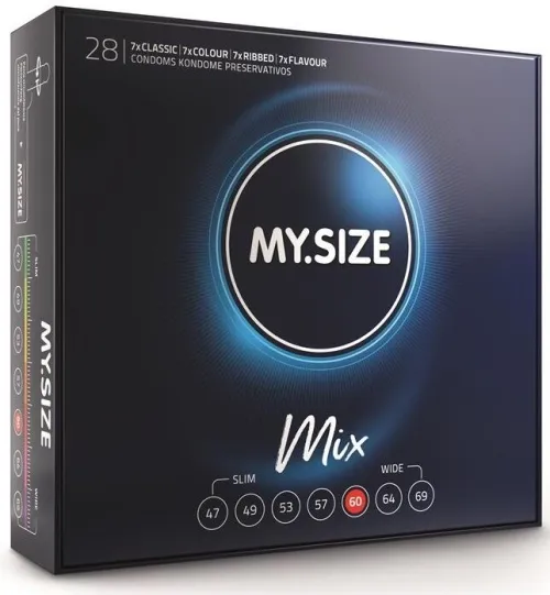 Schwarze Verpackung von MY.SIZE Mix Kondomen, 28 Stück, verschiedene Größen und Typen, darunter Classic, Colour, Ribbed, Flavour.