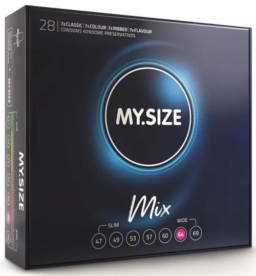 Schwarze Verpackung von MY.SIZE Mix Kondomen, 28 Stück, verschiedene Größen und Typen.