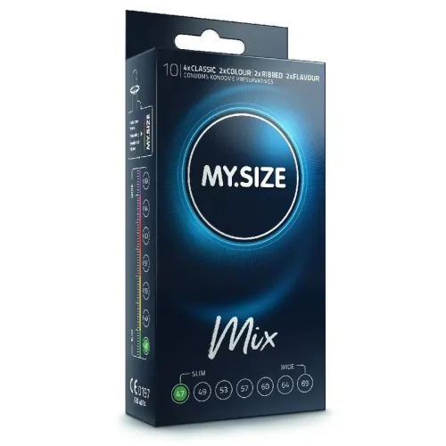 Verpackung von MY.SIZE Mix Kondomen mit verschiedenen Größen und Sorten, dunkelblaues Design.