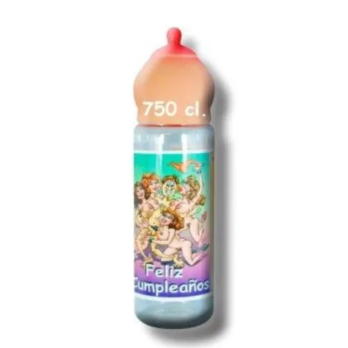 Flasche mit 750 cl, Cartoon-Design und "Feliz Cumpleaños" Text, mit einem brustförmigen Verschluss.