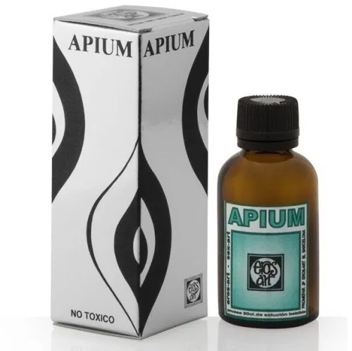 Brown bottle and white packaging with the inscription "APIUM", design in black and turquoise, "NO TOXICO" at the bottom.