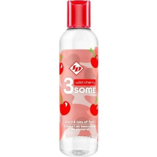 Flasche mit rotem Deckel, Etikett mit Kirschen und Text "3 wild cherry SOME".