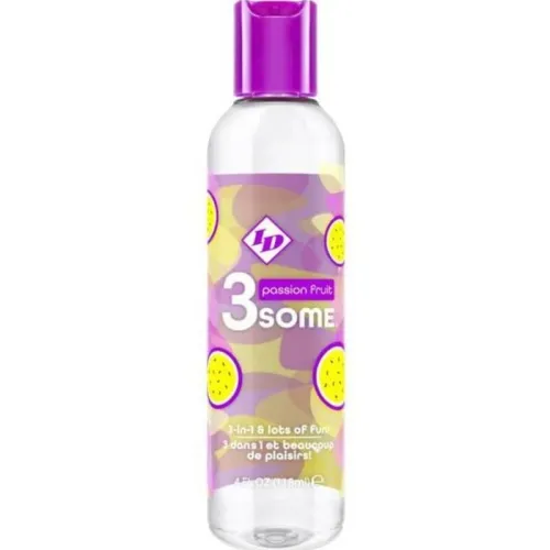 Bottle with purple label, inscription "3some Passion Fruit", yellow fruits depicted.