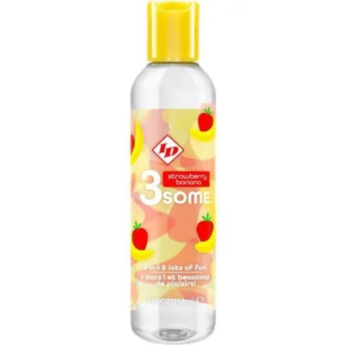 Flasche mit gelbem Deckel, Etikett mit Erdbeer- und Bananenmotiven, Text: "3some strawberry banana".