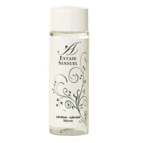 Flasche mit der Aufschrift "Extase Sensuel", verziert mit floralen Mustern, enthält Silikon-Gleitmittel.