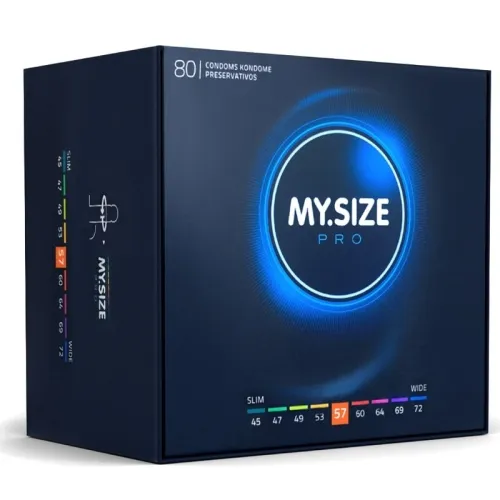 Dark packaging of MY.SIZE Pro condoms, 80 pieces, with size specifications from 45 to 72 mm.