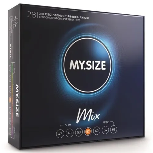 Schwarze Verpackung von MY.SIZE Mix Kondomen, 28 Stück, verschiedene Größen und Typen.